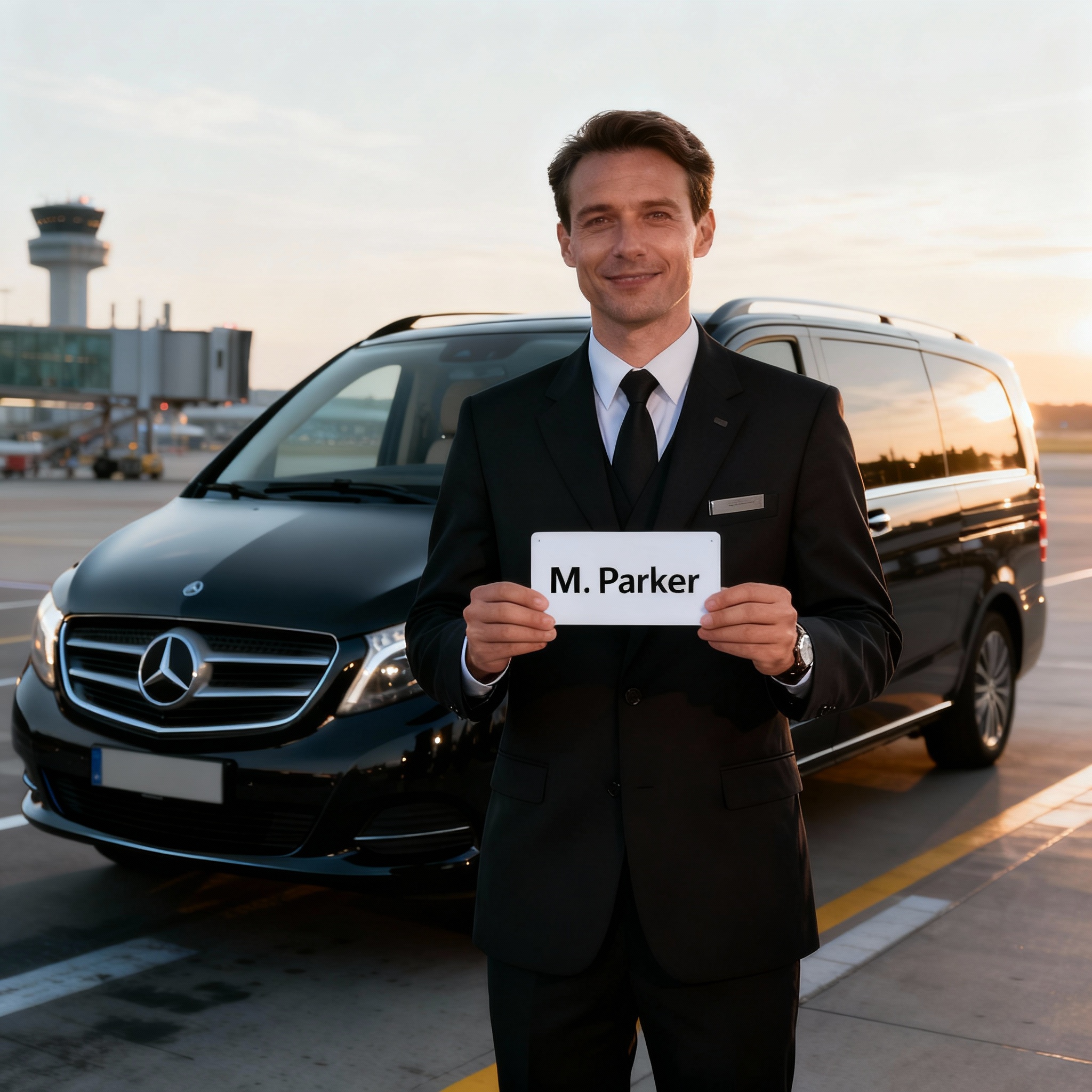 VTC driver providing a personalized welcome with signage upon arrival at the airport