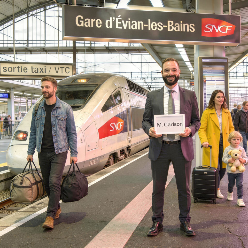 chauffeur privé en accueil pancarte gare d'Évian-les-Bains
