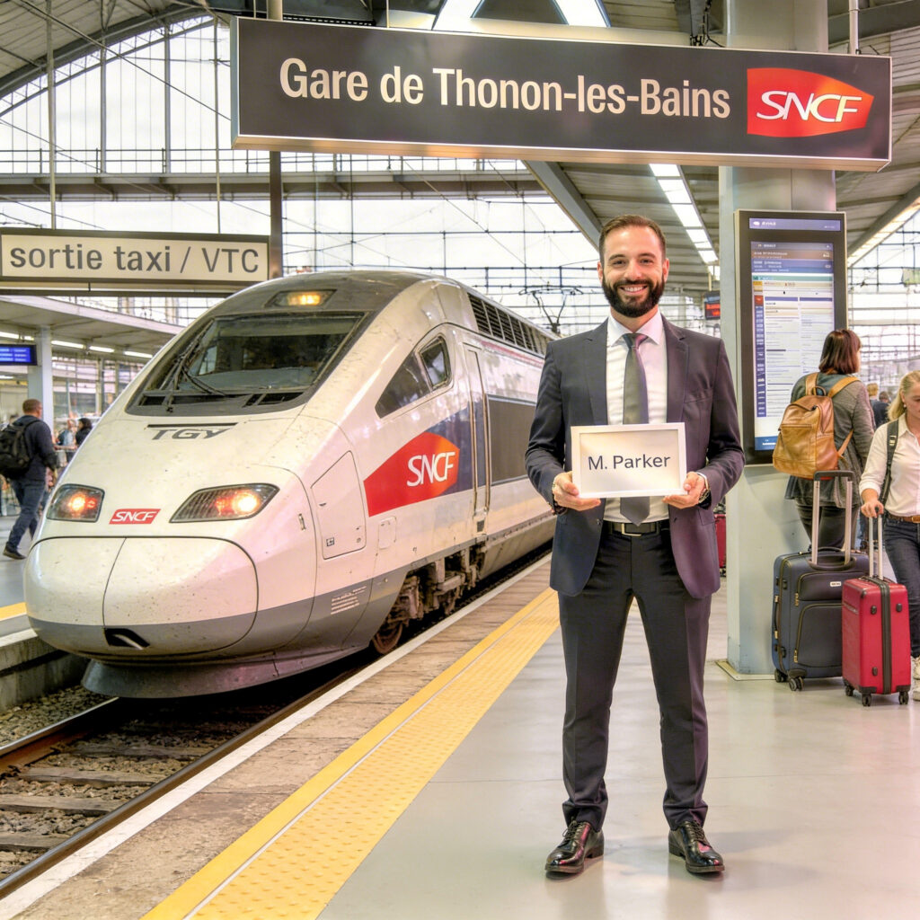 Chauffeur privé avec accueil pancarte en gare de Thonon,-les-Bains