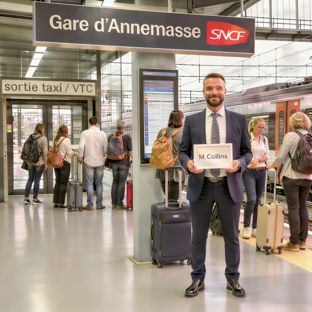 chauffeur VTC gare d'Annemasse avec accueil pancarte